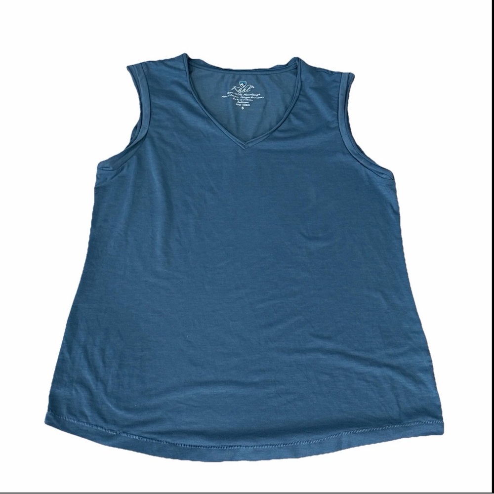 Kuhl Women Small Blue Top T Shirt VNeck Sleeveless‎ Casual Curved Hem Logo #8454